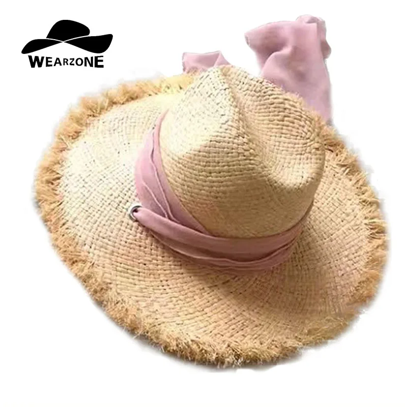 

WEARZONE Brand Women Natural Wide Brim Raffia Straw Hats Fringe Women Plain Large Beach Summer Sun Caps Big Straw Cap Scarf Cap