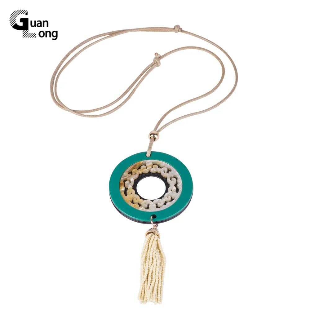 

GuanLong Trendy Bohemian Acrylic Pendant Tassel Necklaces Women Long Rope Chains Big Circle Geometric Resin Fashion Jewelry