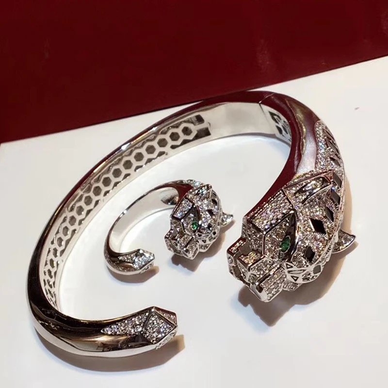 

Brand Jewelry Set Pure 925 Sterling Silver Jewelry For Women Rose Gold Black Pattern Panther Wedding Leopard Bangle Rings Set