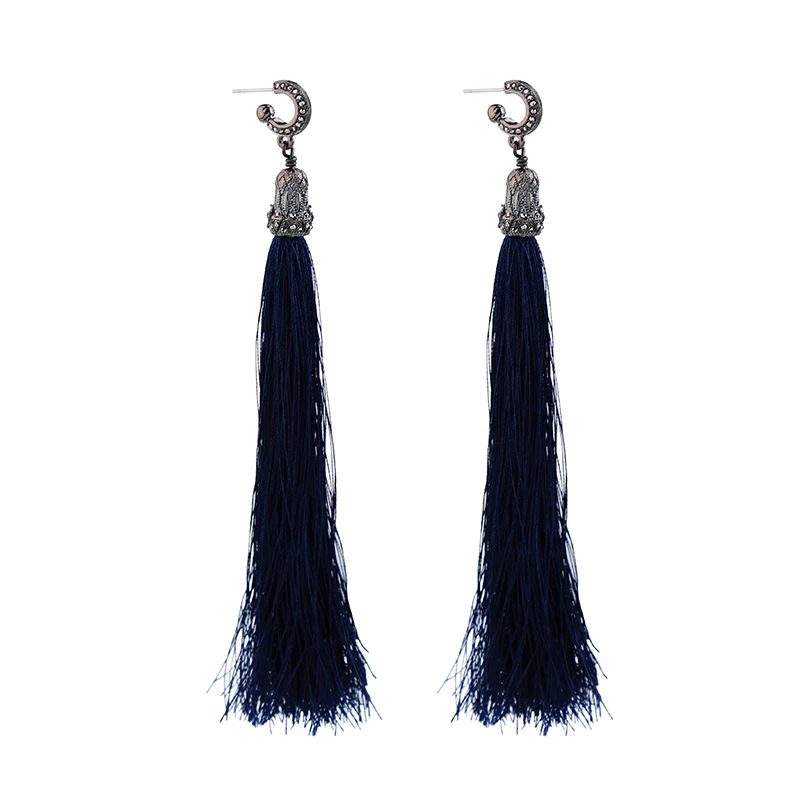 Alloy Dark Blue Long Earrings for Women Handmade Ear Piercing Ethnic