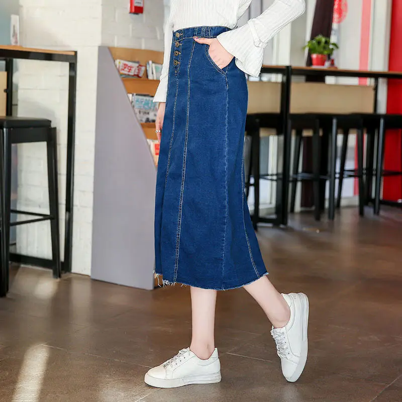 Корейские тонкие женские джинсовые юбки лето Новые Большие размеры джинсовая юбка кнопка с кисточкой Лоскутная Модная Повседневная Длинная юбка f573