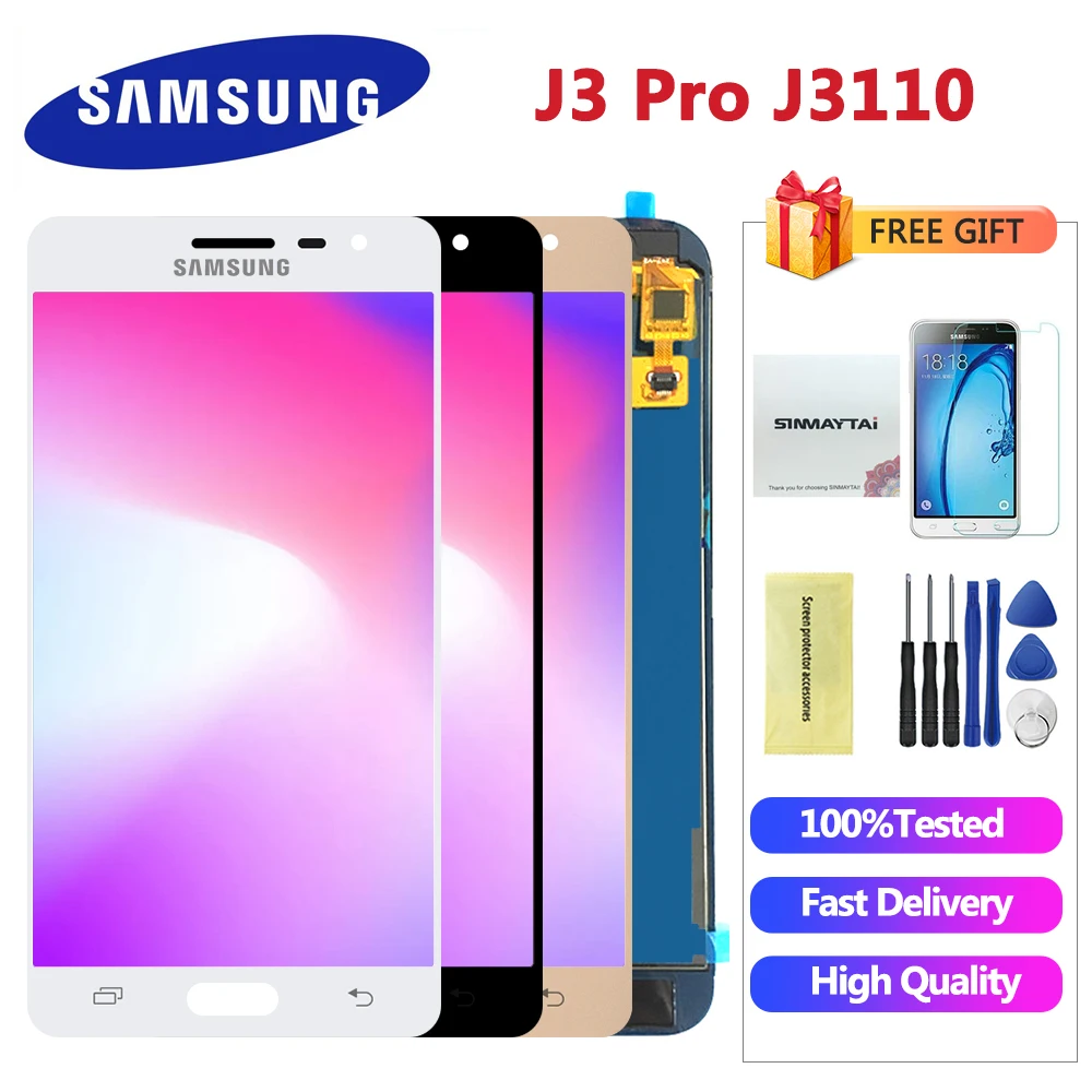 

Adjust Brightness J3110 LCD Display Touch Screen For Samsung Galaxy J3P J3110 J3 pro J3119 With Tempered Glass 100% Tested