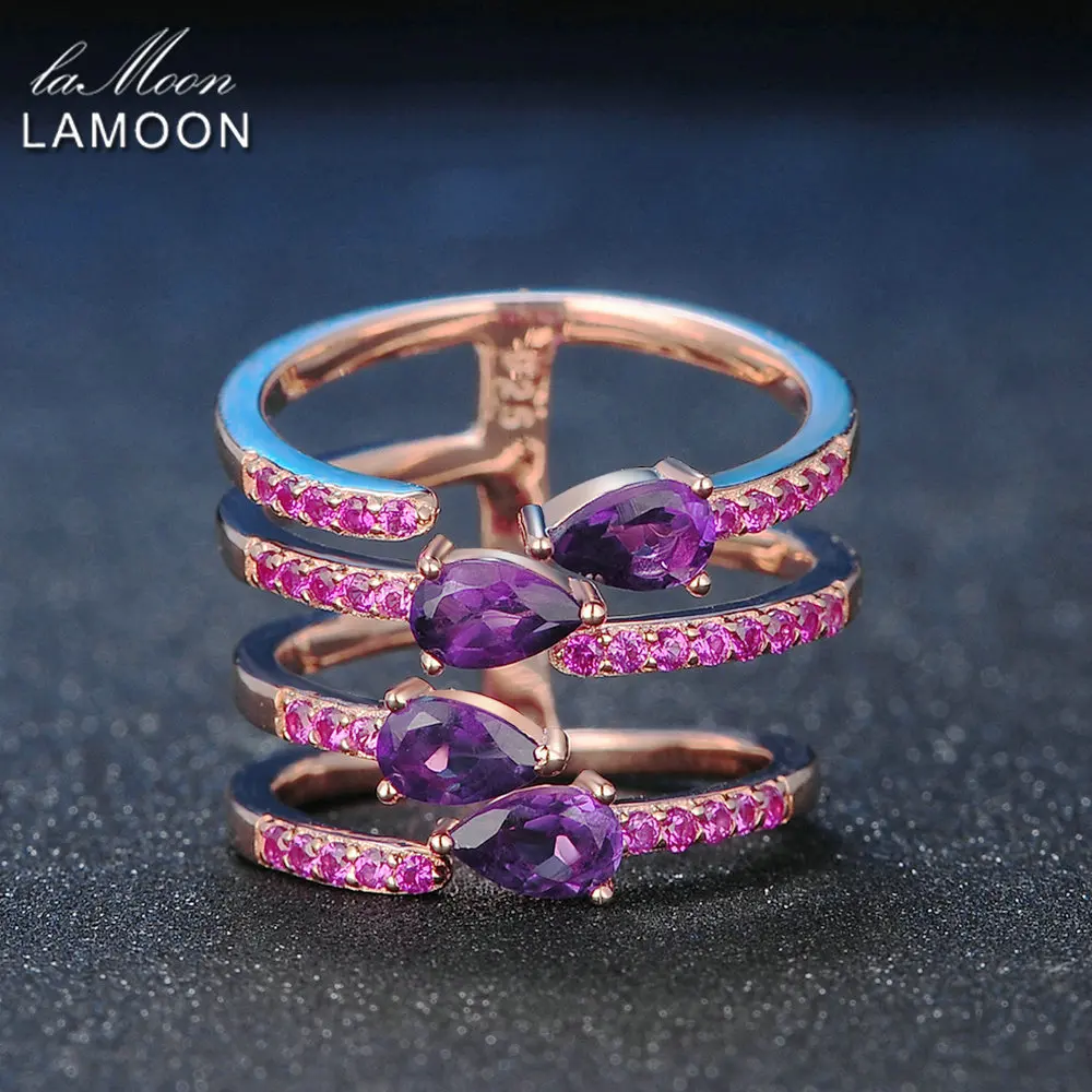 LAMOON Bridal Sets Ring 4 Pieces 100% Natural Amethyst Gemstone 925 Sterling Silver Rings for Women Party Fine Jewelry RI042