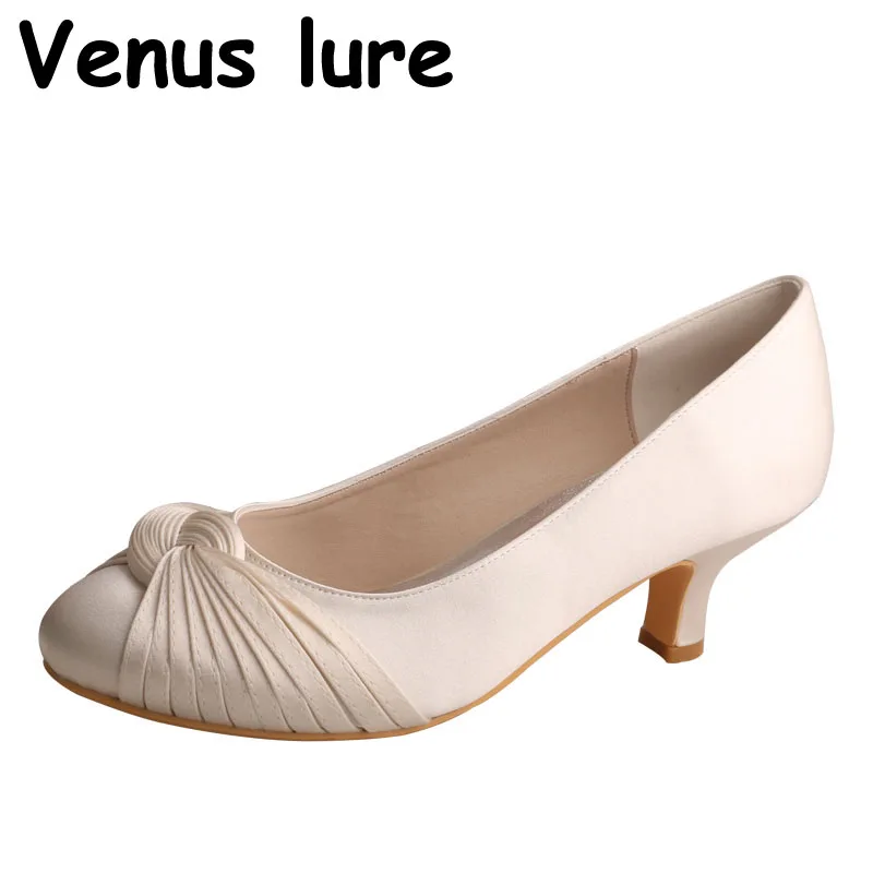 Zapatos de punta cerrada para novia, calzado de satén de tacón bajo, de  Color blanco, para boda|Zapatos de tacón de mujer| - AliExpress