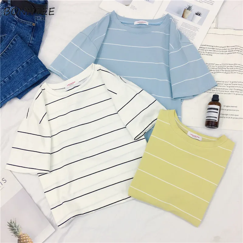 

T-shirts Women 2019 Korean Style Trendy Summer Short Sleeve Tee Womens Sweet Striped Loose T-shirt Student O-Neck Casual Clothes
