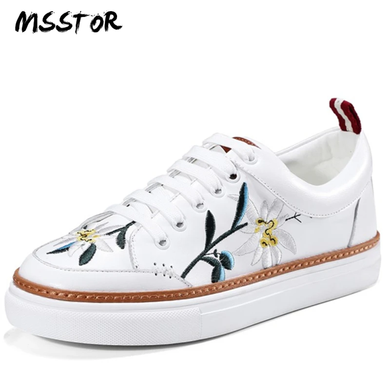 

MSSTOR Sewing Shallow Woman Shoes 2018 Spring Summer Fashion Consice Genuine Leather Cross-tied White Shoes Embroider Flats Shoe