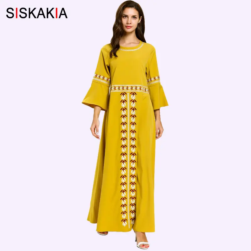

Siskakia Elegant Ethnic Women Long Dress Yellow Geometric Floral Embroidery Maxi Dresses 3/4 Flare Sleeve Muslim Clothes Summer