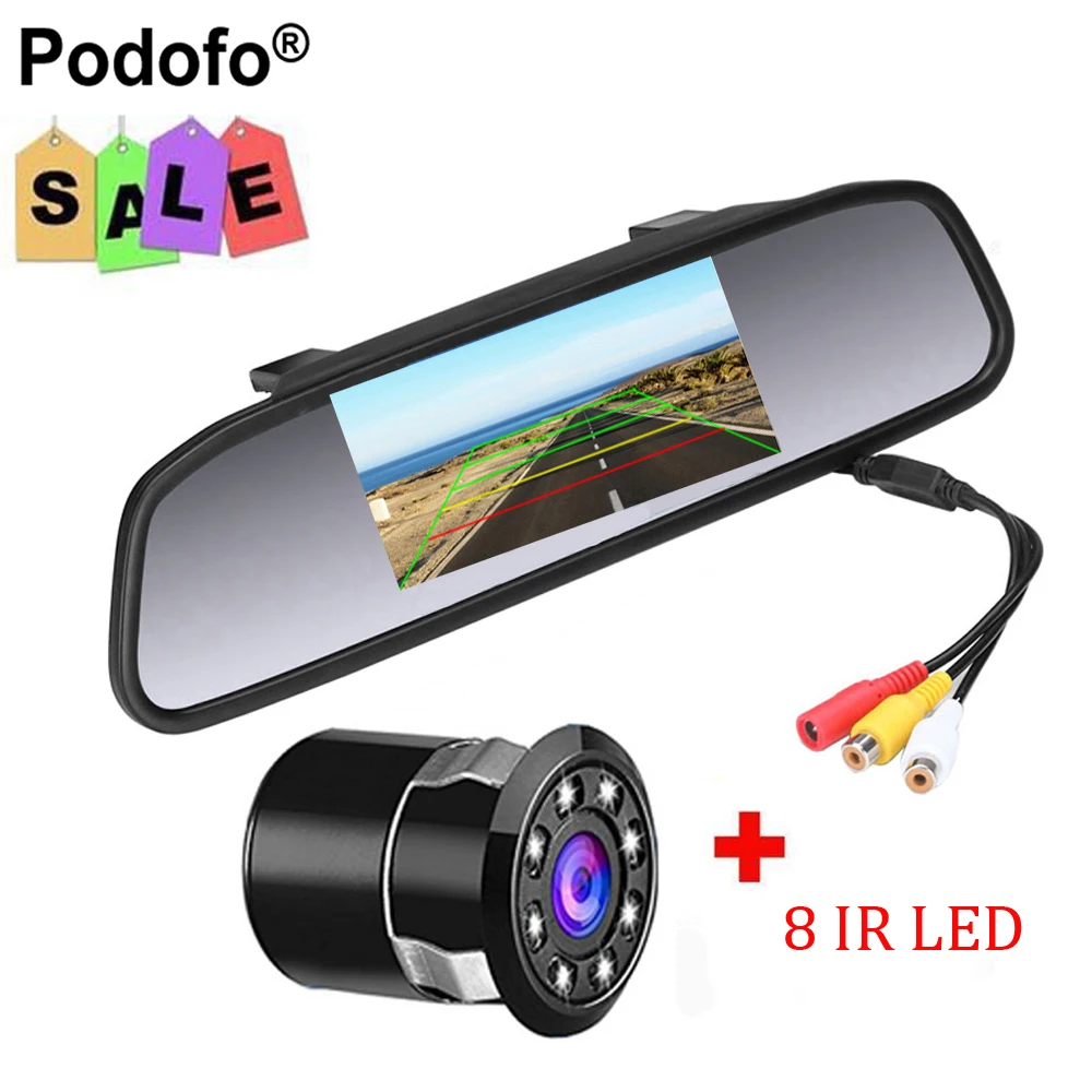 

Podofo 4.3" TFT LCD Car Parking Rearview Mirror Monitor 2 Video Input For Rear View Camera 8 LED Night Vision Reverse Camera