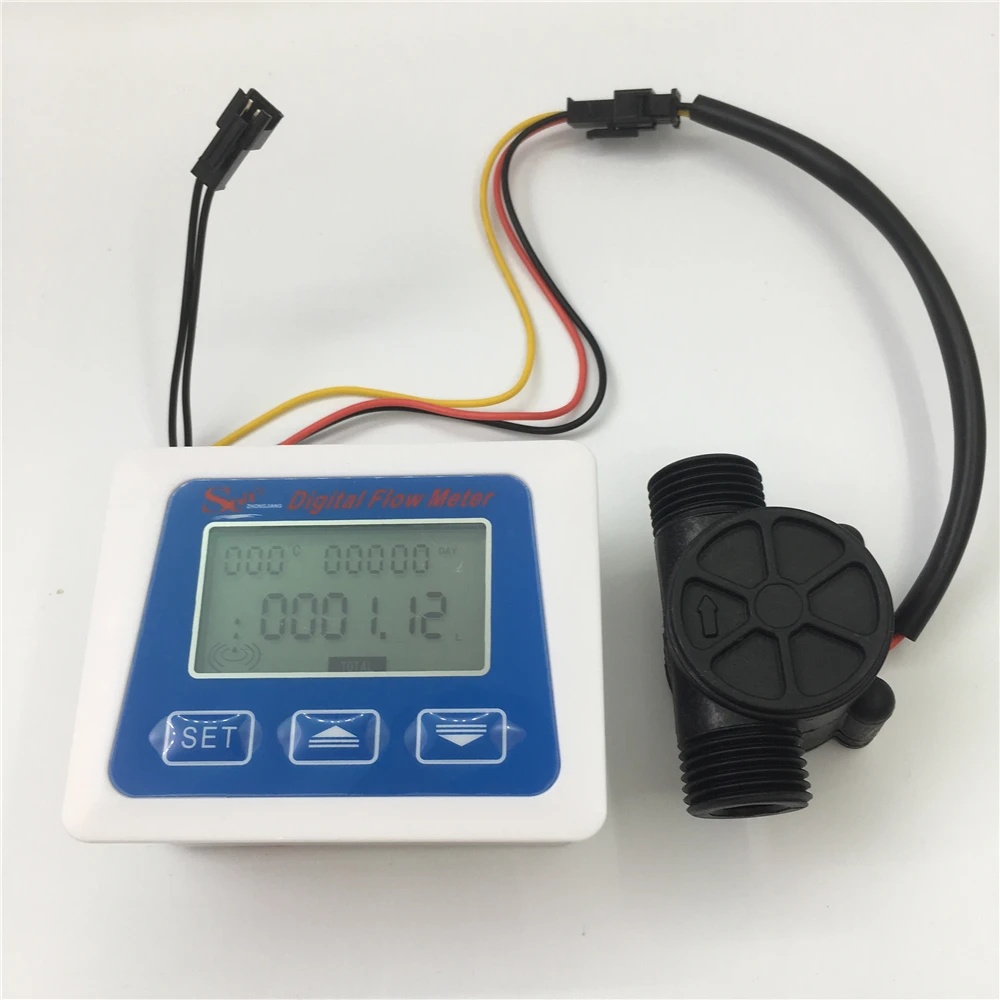 

G1/2" plastic flow sensor +LCD display Digital meter temperature measuring flow senosr total Liter Gal