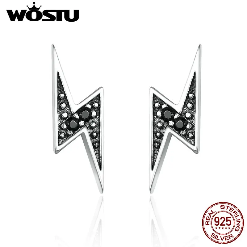 

WOSTU Free Shipping 925 Sterling Silver Black Lightning Stud Earrings For Women Fine S925 Jewelry Gift FIE156
