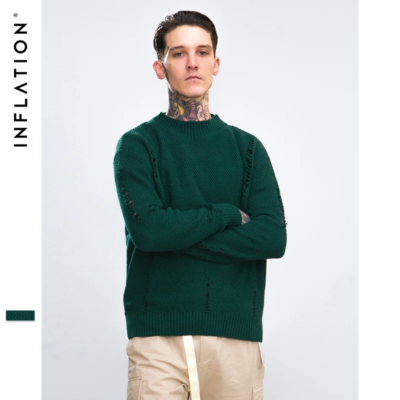 

INFLATION Ripped Out Holes Sweater Pullover Winter Autumn Distressed Sweaters Mens Knitted Sweater Male Hip Hop Streetwear 8732W