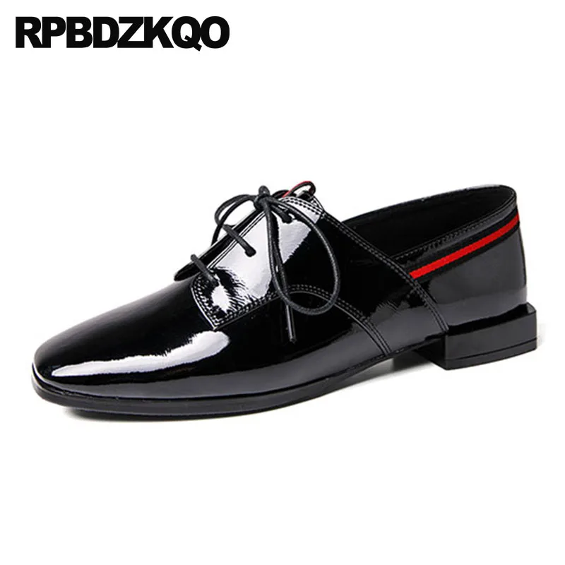 

Luxury Vintage Women Oxfords Shoes Square Toe High Quality Red Wine Flats Pink Patent Leather Black Genuine 2018 Lace Up