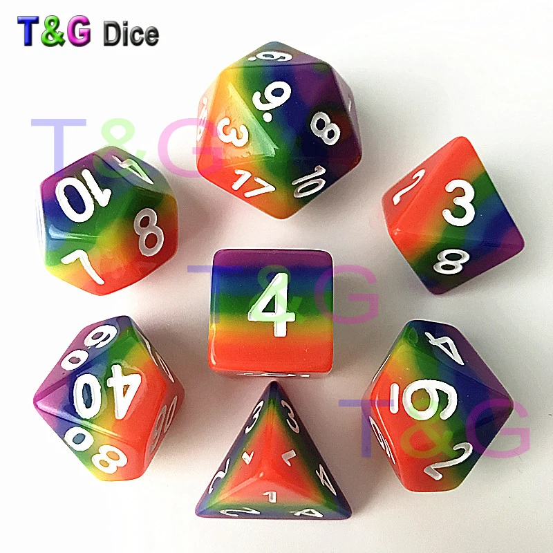 T& G цветная 7 шт./компл. радужные игральные кости, кубик d4 d6 d8 d10 d10 d12 d20 ролевые игры в кости с небольшую сумку для Dnd, ролевые игры, в качестве подарка