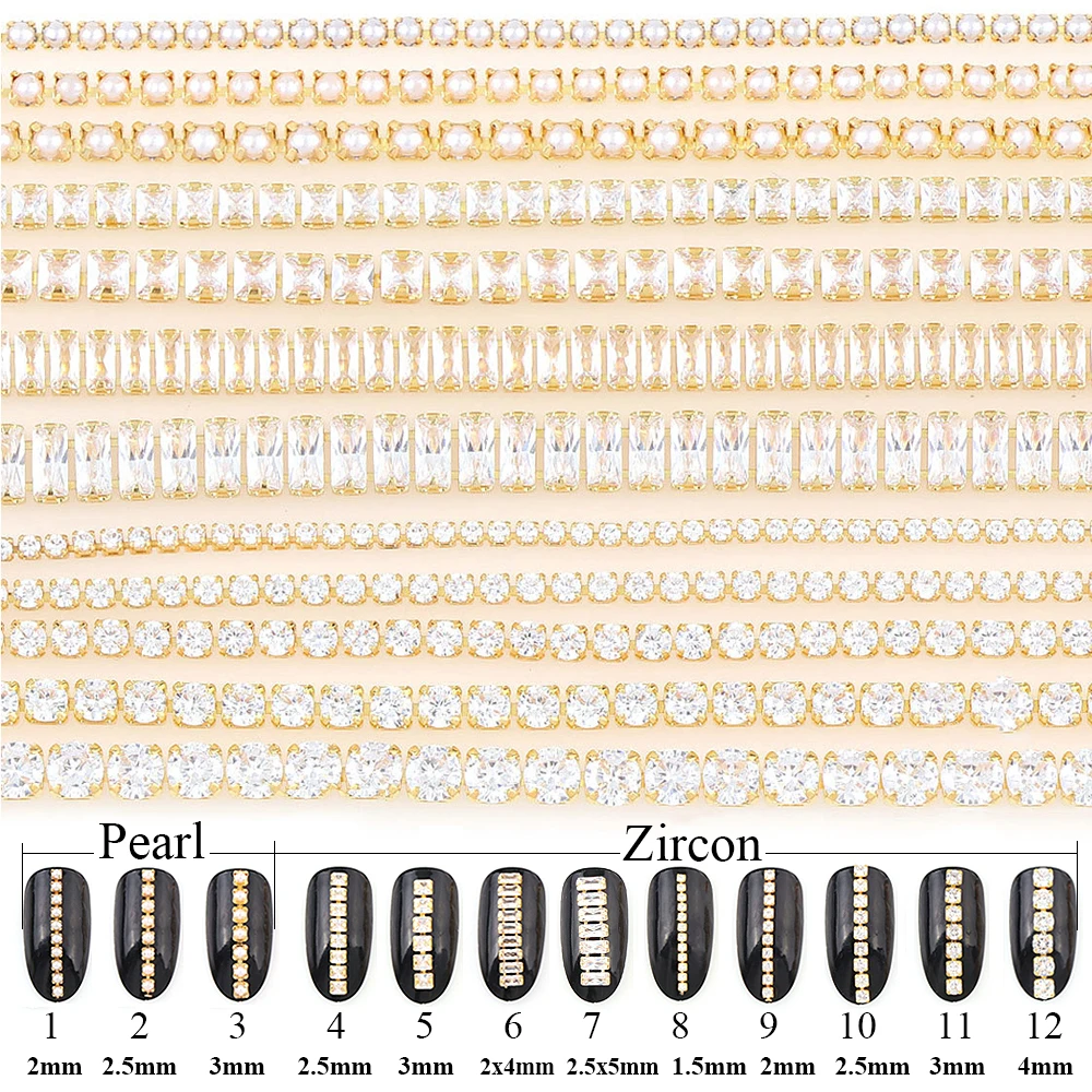 10 см смешанные размеры, новинка, циркониевая цепочка для ногтей, золотые наклейки для ногтей, алмазная цепь, имтация жемчуга, циркония, фототерапия, украшение для ногтей