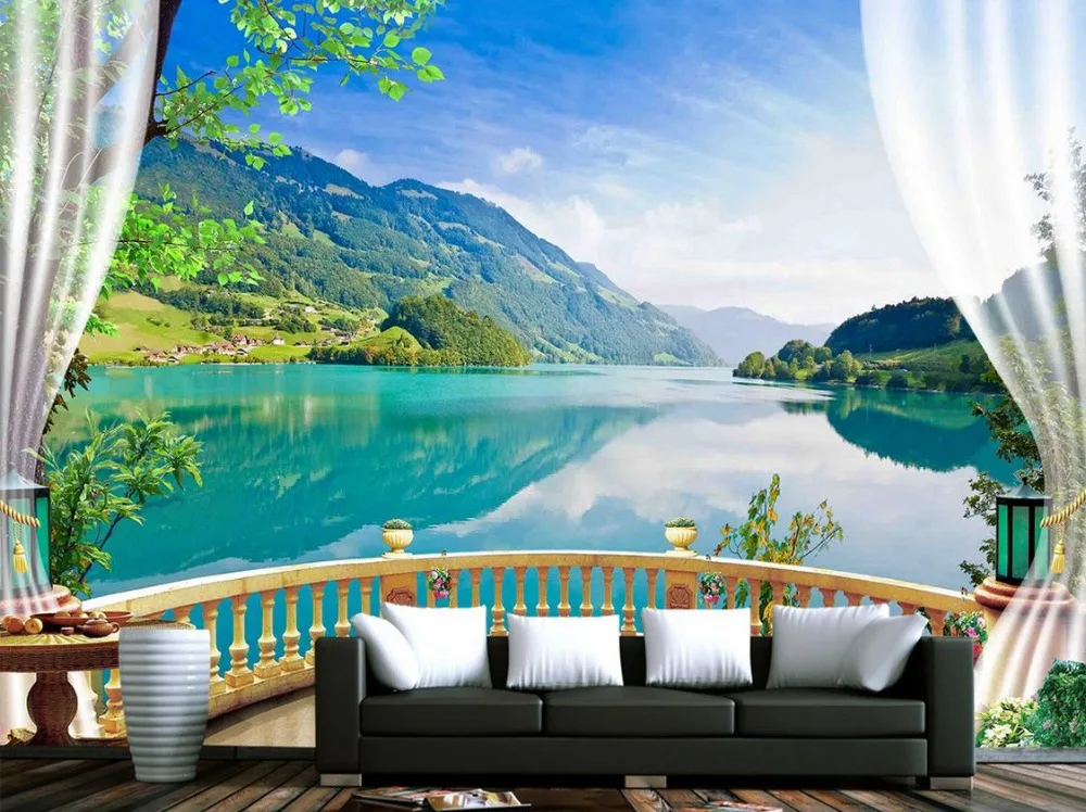 

3d customized wallpaper bathroom 3d wallpaper Balcony lake blue sky landscape backdrop photo 3d wallpaper