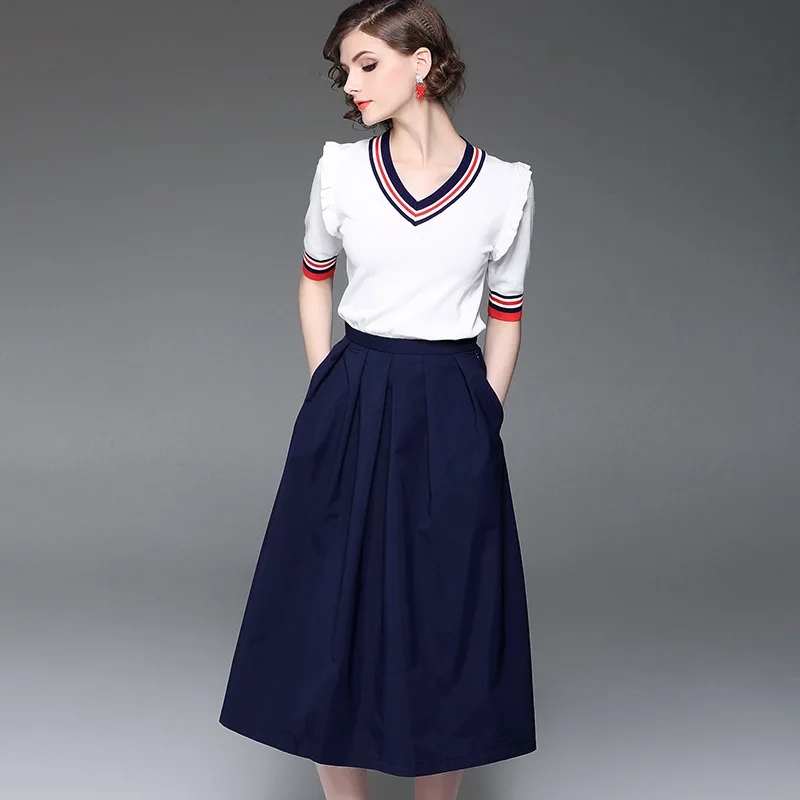 

Women color block striped V neck t shirts summer top knit pullovers a line plus size skirt suit casual 2 piece set 2019 summer