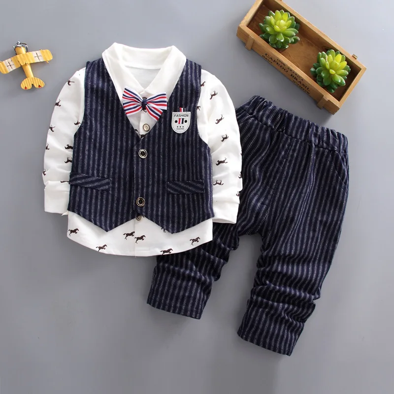 BibiCola/осенний комплект одежды для мальчиков, деловой комплект из 3 предметов для детей, Костюм Детская повседневная одежда в полоску - Цвет: blue