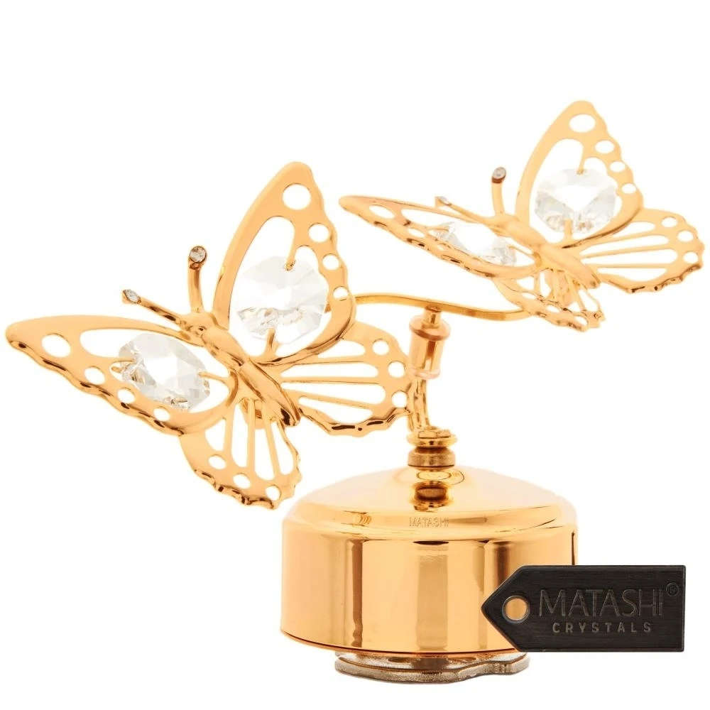24K Gold Plated Music Box with Crystal Studded Double Butterfly Figurine by Matashi