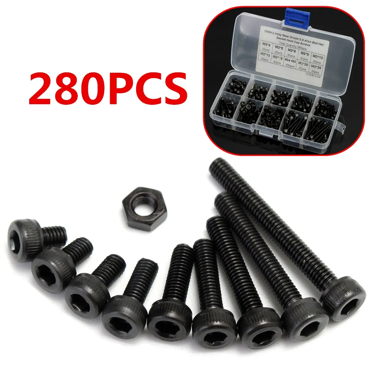 Suleve M3AH8 280pcs M3 Hex Socket Screws Allen Bolt Assortment with