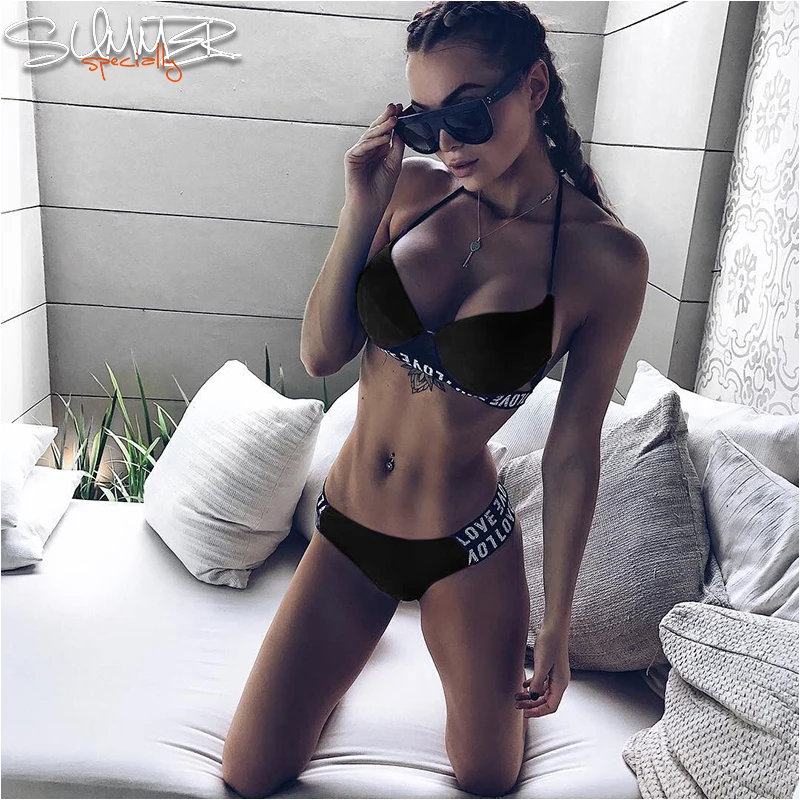 

2019 Women new Sexy Bikinis push up Swimwear Brazilian letter printed Swimsuits Summer Thong bikini set Red Black Bathing suits