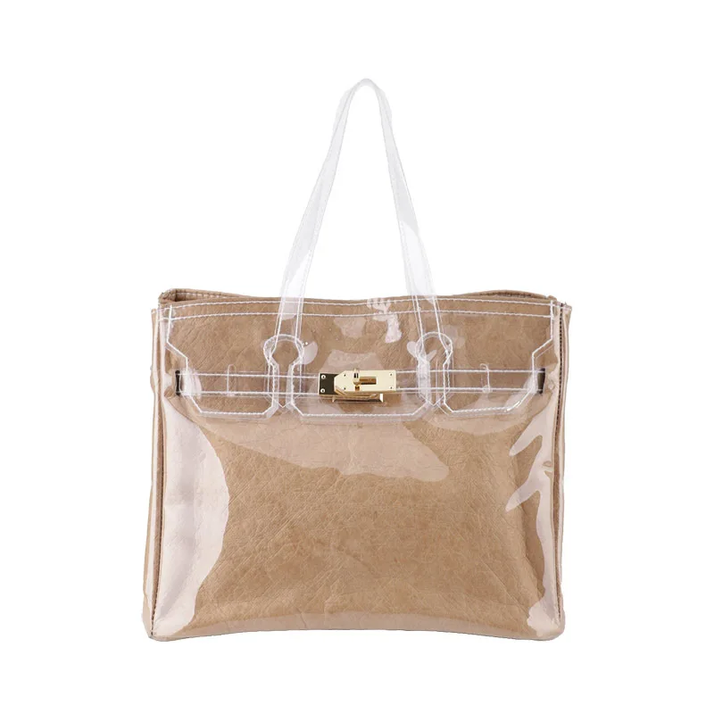 

2019 White Color Large Capacity PVC Transparent Adjustable Strap Lock Decoration Kraft Paper Messenger Bag Handbags Beach Bag