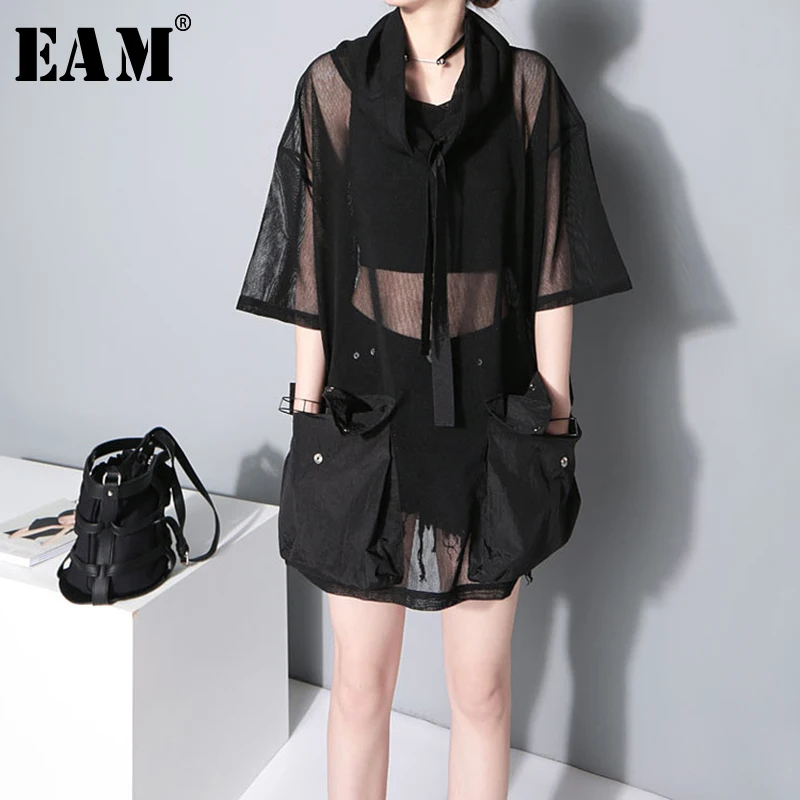 

[EAM] 2019 New Spring Autumn Turtleneck Half Sleeve Big Pockets Mesh Bandage Button Perspective T-shirt Women Fashion Tide JY935