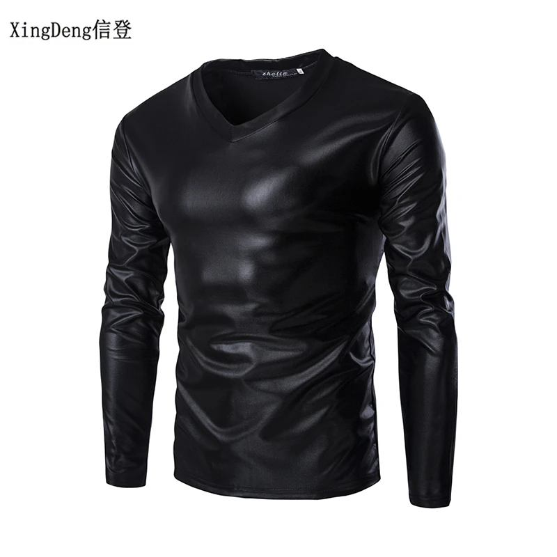 XingDeng Men's large size round collar T-shirt men's clothing spring 2018 leather sexy DJ bar TOPS and show Nightclub clothing XingDeng Men's large size round collar T-shirt men's clothing spring 2018 leather sexy DJ bar TOPS and show Nightclub clothing