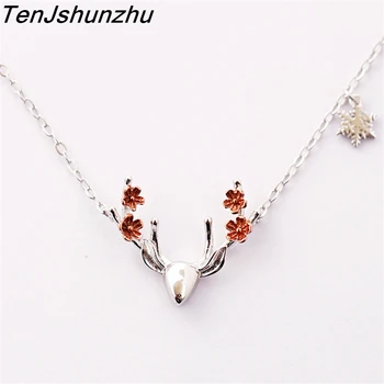 

New Real 925 Sterling Silver Cute Animal Christmas Deer Horn Necklace Pendant Sterling Silver Chain Necklace Jewelry dz658