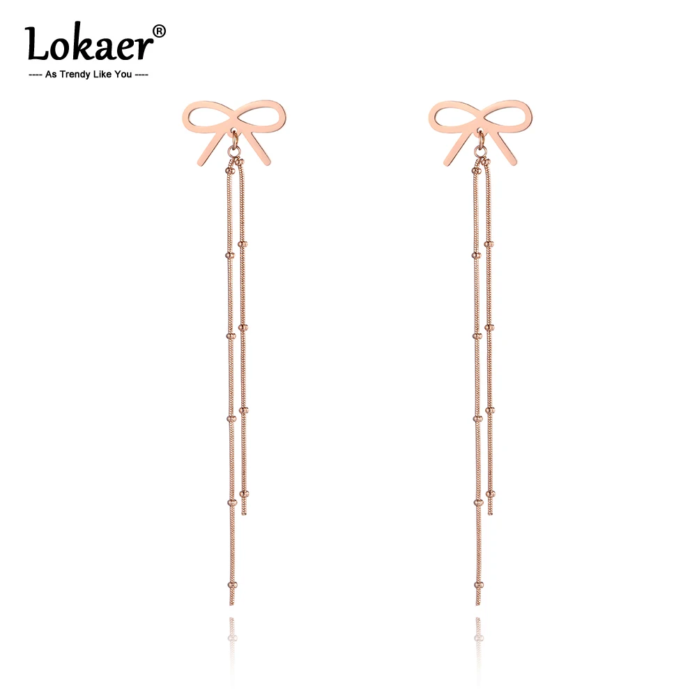 

Lokaer Trendy Titanium Stainless Steel Tassel Dangle Earrings Bohemia Bowknot & Chain Drop Earrings For Women Girls E19156