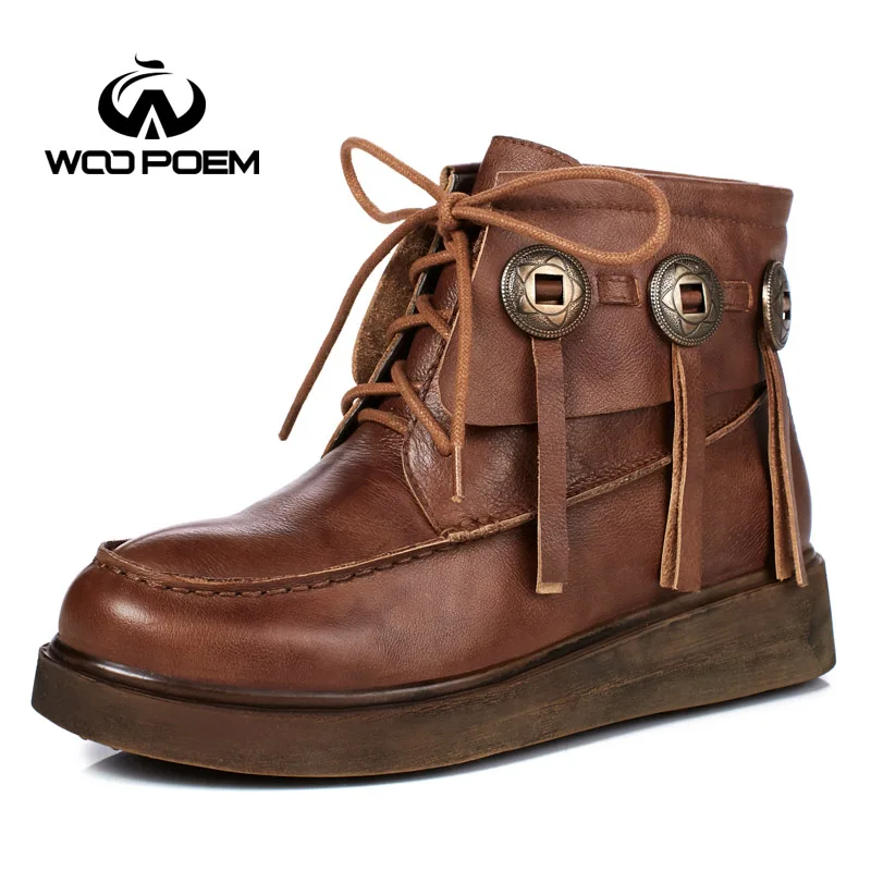 

2017 Winter Shoes Woman Genuine Leather Boots Med Heel Ankle Boots Fringe Classic Zip Retro Women Boots Winter Boots