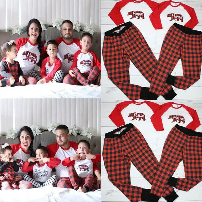 

US PAPA Grid Family Matching Christmas Pajamas Set Women KID Sleepwear Nightwear