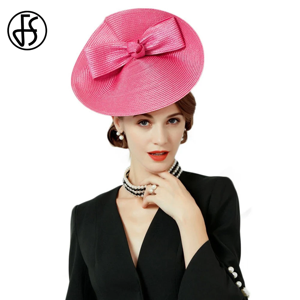 

FS Wedding Fascinators Hats For Women Elegant Summer Black Rose Fedora Ladies Sinamay Vintage Bow Church Dresses Tea Party Hat