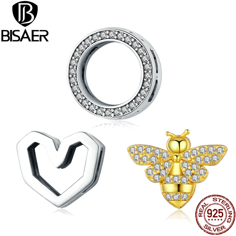 

BISAER 925 Sterling Silver Bee Beads Heart Gold Color Insect Bee Charms fit Charm Bracelets DIY Silver 925 Jewelry Accessories