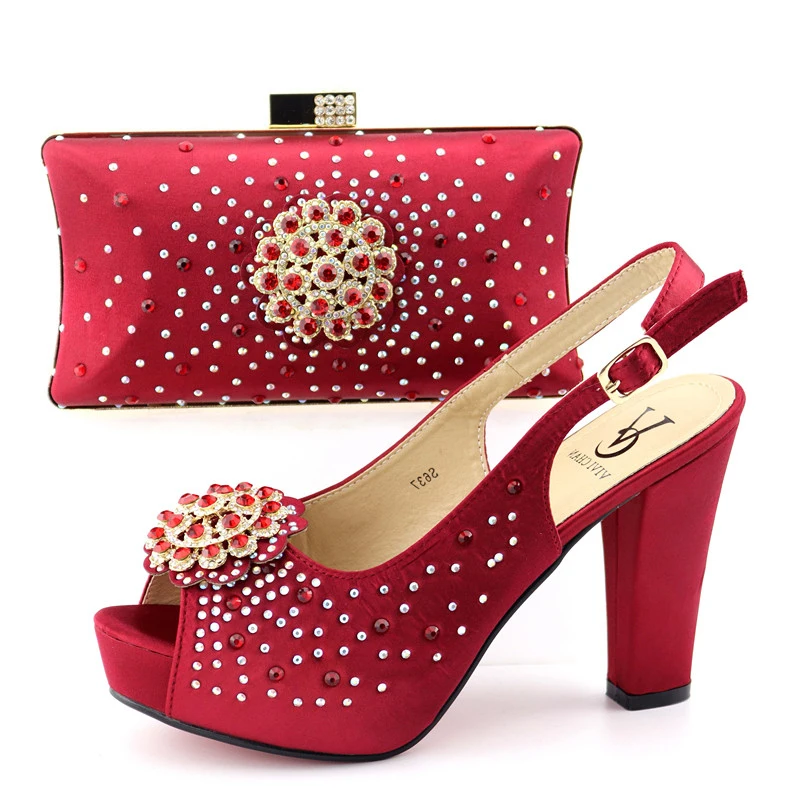 

Fashion 2019 italian shoes and bag in red color with many stones high heel shoes and bag italy design shoes bag set SB8328-2