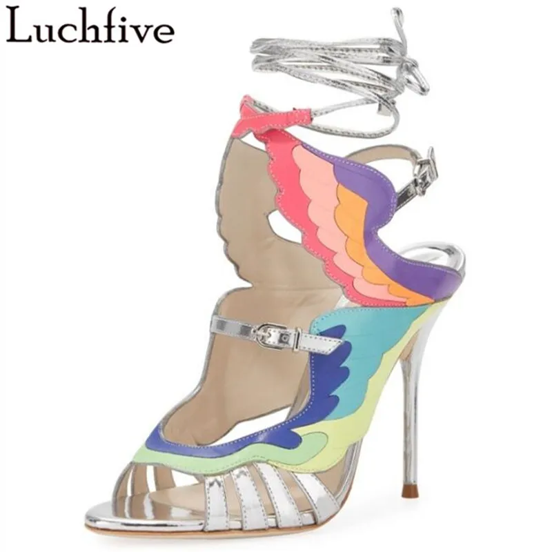 

Luchfive Iridescence Wings High-heeled Sandals Fashion Open-toed Ankle Lace Rainbow Sandals Banquet Shoes Woman Pumps 2019