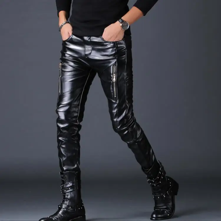 Большие размеры Мужские Модные Длинные обтягивающие брюки из искусственной кожи мото Байкерская Одежда для ночных клубов облегающие брюки из искусственной кожи Поддельные молнии