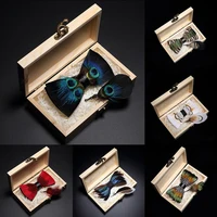 KAMBERFT design handmade feather bow tie brooch wooden box set high quality men's bowtie leather tie for wedding party banquet 2