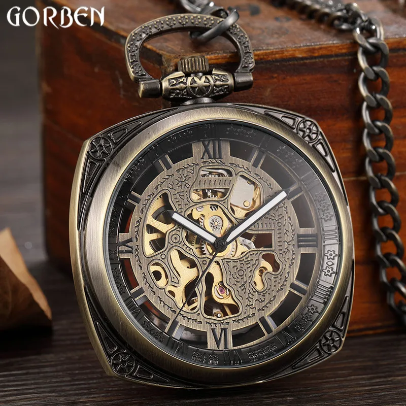 

Vintage Bronze Steampunk Squar Dial Mechanical Pocket Watch Mens Clock Carved Hollow Dial Skeleton FOB Chain Pendant Women Watch