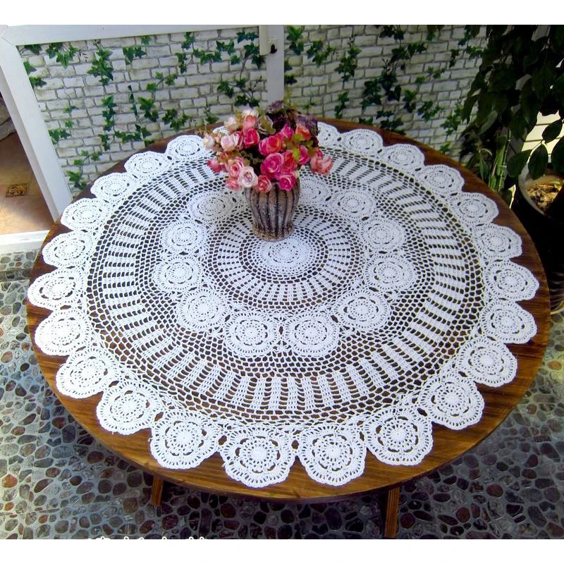 Pretty Vintage Style Hand Crochet Flower Cotton Beige Round Table Cloth 