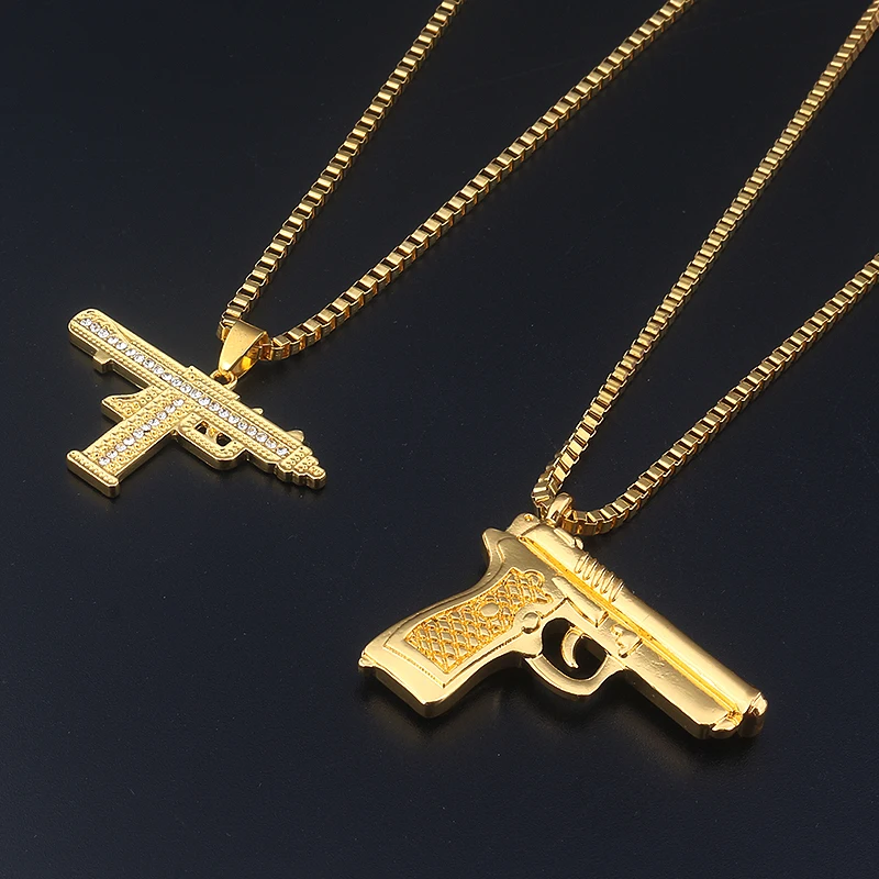 Модные ювелирные изделия Золотой пистолет кулон ожерелье Мужская хип-хоп панк ожерелье поддержка дропшиппинг