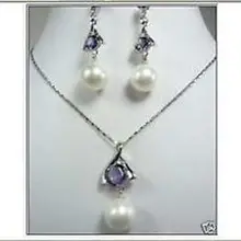 Бесплатные доставить Дворянства Лаки Женщины красивый белый перлы раковины фиолетовый кристалл серьги ожерелье Кулон. серебряный крюк
