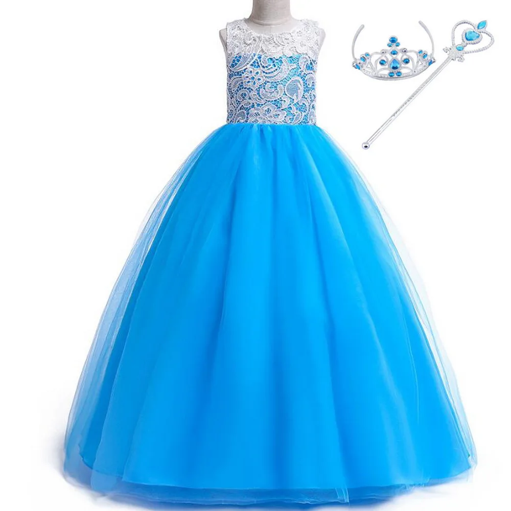 

Big Girls Elsa Rapunzel Costumes Lace Sleeveless Long Party Dress up For Children Christmas Wedding Party Dresses Vestido Blue