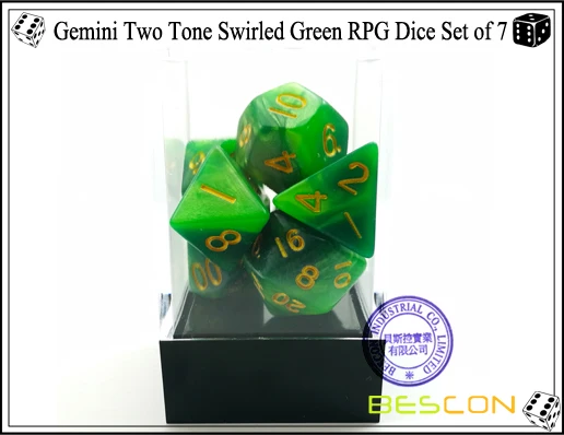 Gemini Two Tone Swirled Green RPG Dice Set of 7-3