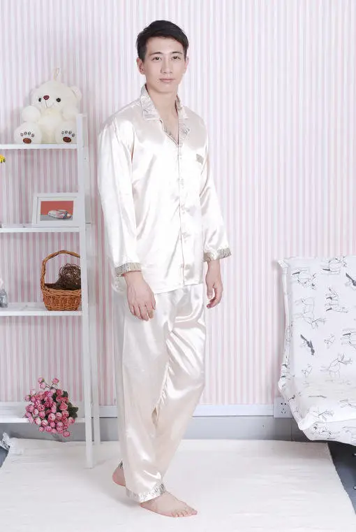 И Retail2PCS новые мужские шелковые пижамы одежда с длинным рукавом L, XL, XXL MR0013