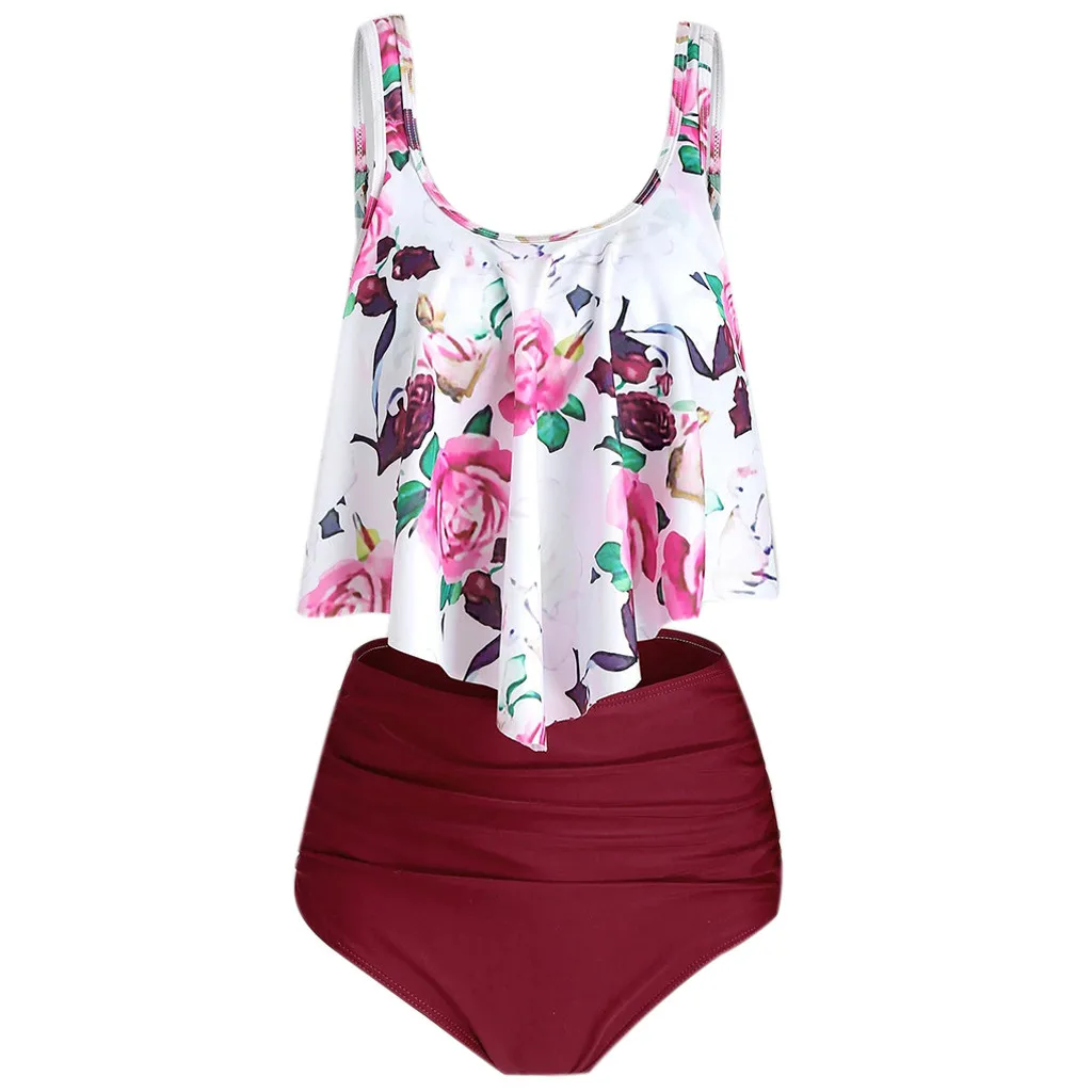 KANCOOLD Swim Clothes Women Plus Size Ruffled Rose Print Two Piece Suits Swimwear Women High Waist Bathing Beachwear Swimsuit
