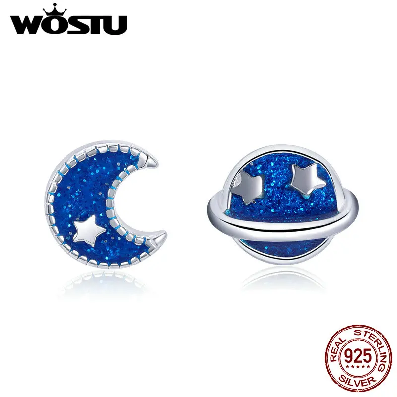 Женские сережки гвоздики WOSTU из настоящего серебра 925 пробы с блестящей Луной и