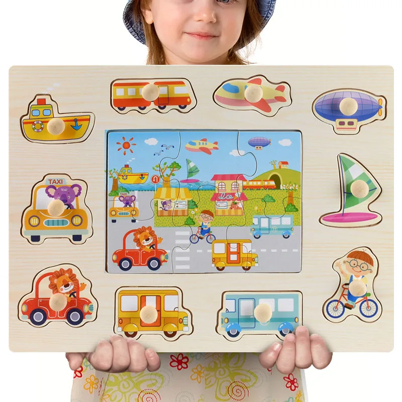 Baby Wooden Puzzle Toys Jigsaw Hand Grab Board Set Cartoon Vehicle Marine Animal Pairing Toy Early Learning Puzzles For Children 29