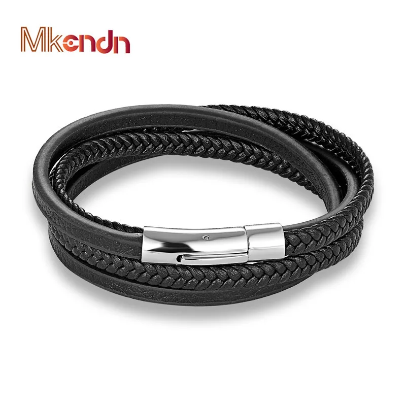 

MKENDN Fashion Leather Bracelet for Men Black Braid Multilayer Rope Chain Stainless Steel Anchor Male Jewelry Pulseras Gifts