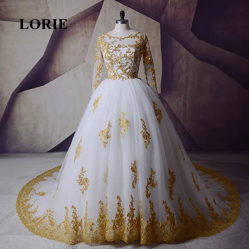 LORIE белое золотое свадебное платье с длинным рукавом мусульманское арабское свадебное платье кружевное Тюлевое роскошное свадебное платье с круглым вырезом vestido novia