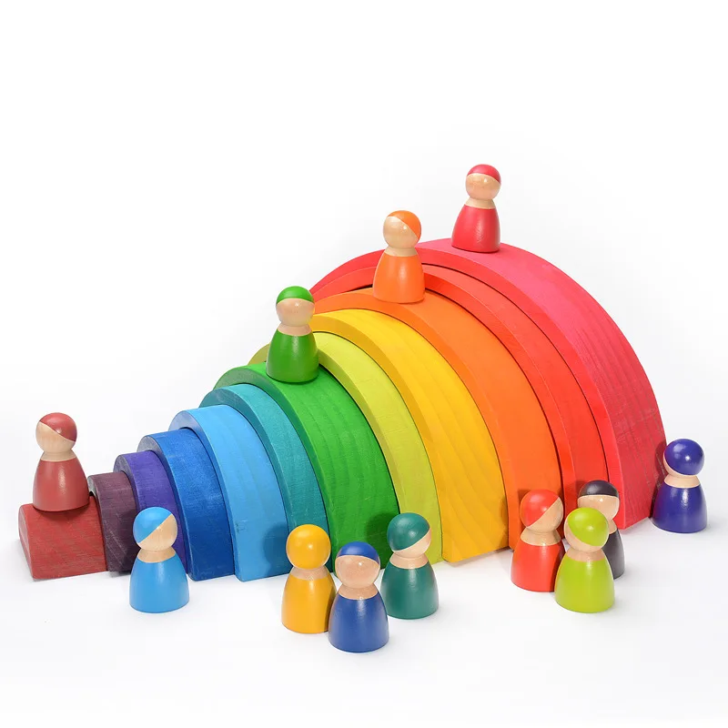 Günstig 12Pcs Kleinkind Spielset Montessori und Waldorf Inspiriert Regenbogen Holz Spielzeug Bunte Regenbogen Blöcke Regenbogen Stapler Spielzeug für Infant
